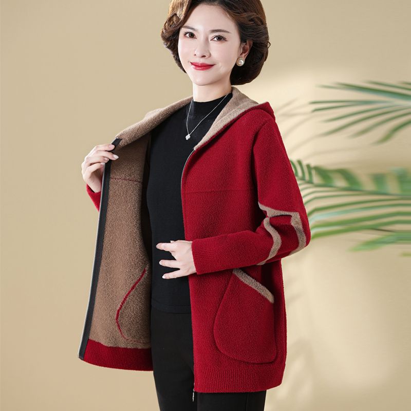 保暖媽媽裝洋氣針織開衫中老年外套毛呢子2023新款中年女裝上衣服