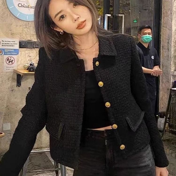 Autumn and winter black retro small fragrant style short coat for women  tweed little man fried street Hong Kong style jacket top