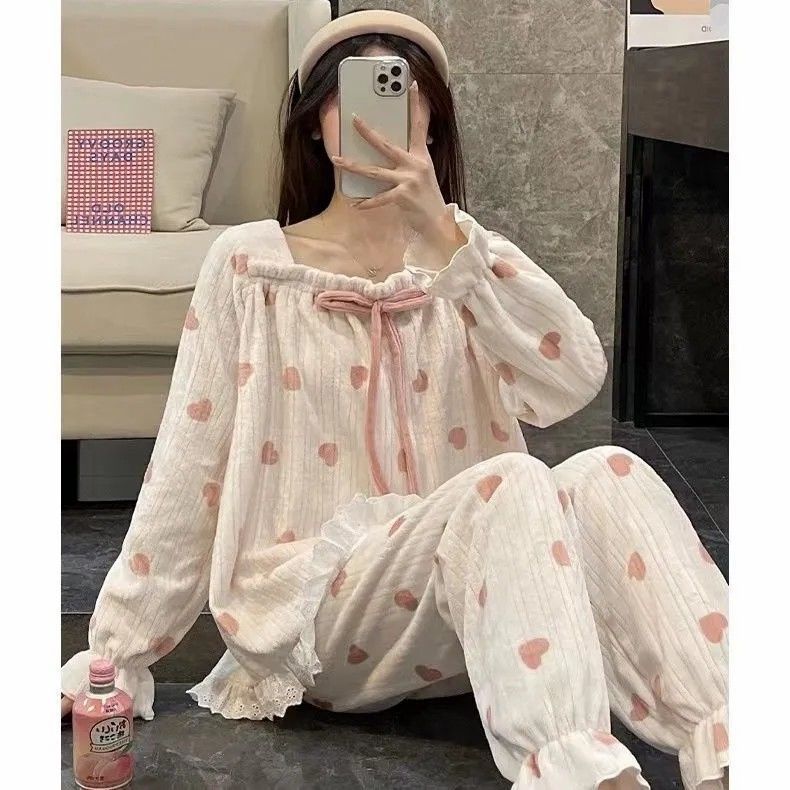 2023年新款睡衣女秋冬季珊瑚絨加厚加絨冬天保暖法蘭絨家居服套裝