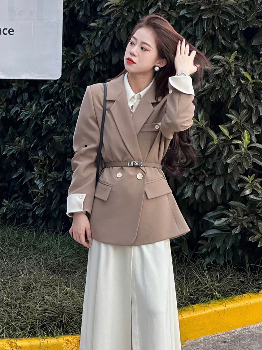套裝女2023秋季新款法式高級感西裝外套全站高腰開叉半身裙兩件套