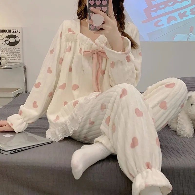 秋冬季睡衣女可外穿珊瑚絨加厚加絨可愛法蘭絨保暖冬天家居服套裝