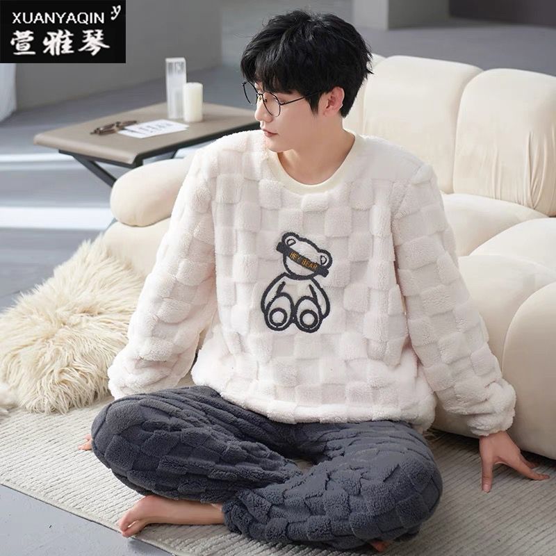 男士冬季睡衣双面法兰绒保暖加厚青少年韩版卡通可外穿大码家居服