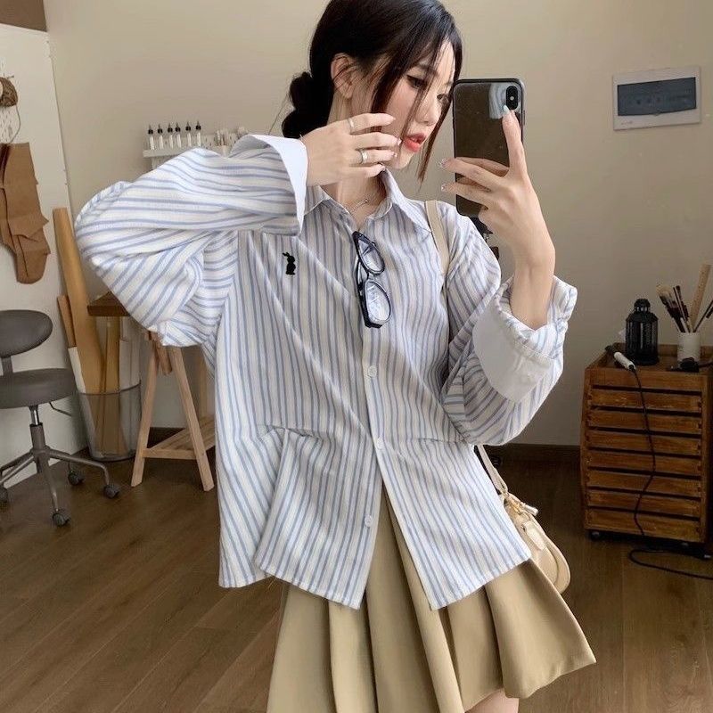 格瑞吉奧春秋條紋襯衫女長袖設計感小眾學院風復古上衣薄襯衣外套