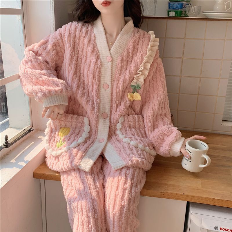珊瑚絨睡衣女秋冬季加絨加厚甜美鬱金香公主風2023新款家居服套裝