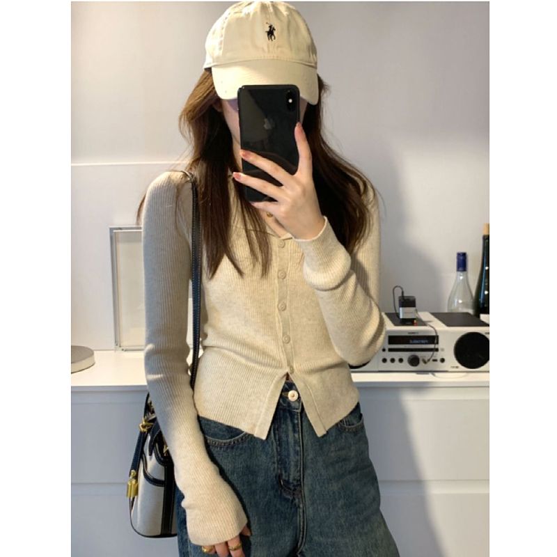 French lapel long-sleeved knitted cardigan for women autumn 2023 new niche design slim bottoming short top