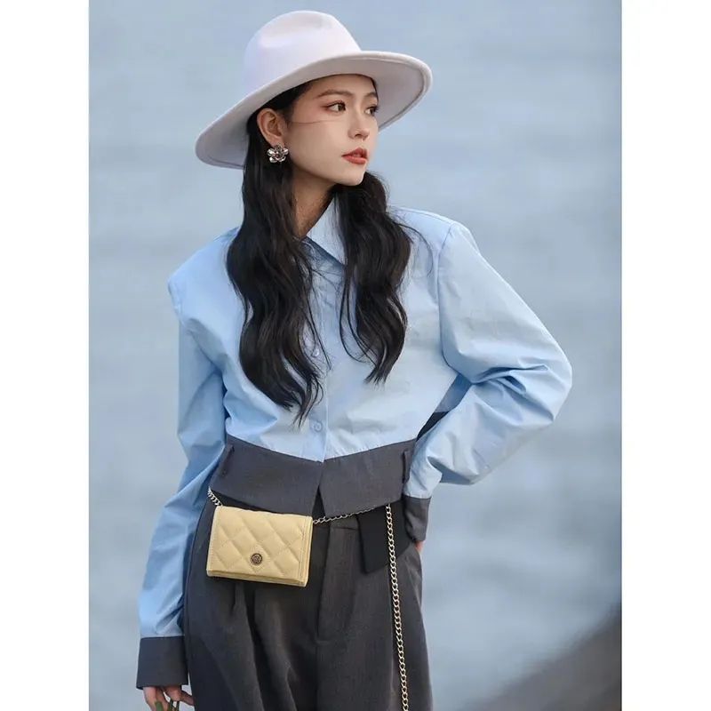 高級感撞色拼接短款翻領襯衫女秋季2023新款法式洋氣高腰顯瘦襯衣