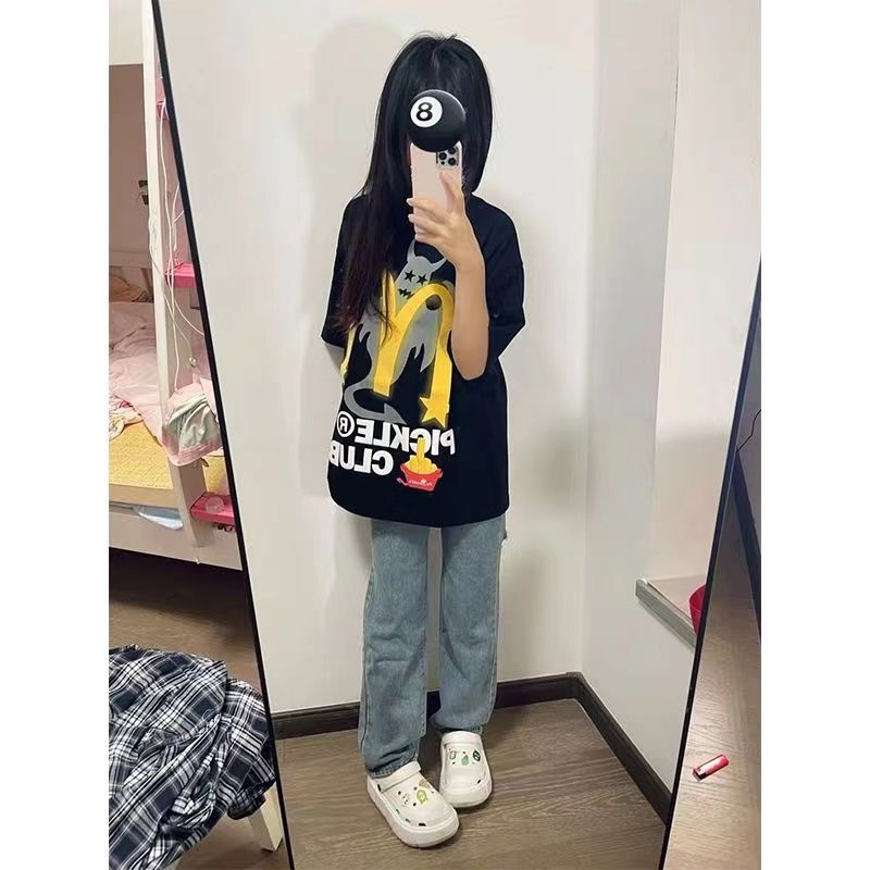 100%純棉高街黑色t恤短袖女夏季ins顯瘦上衣小眾設計感寬鬆T恤