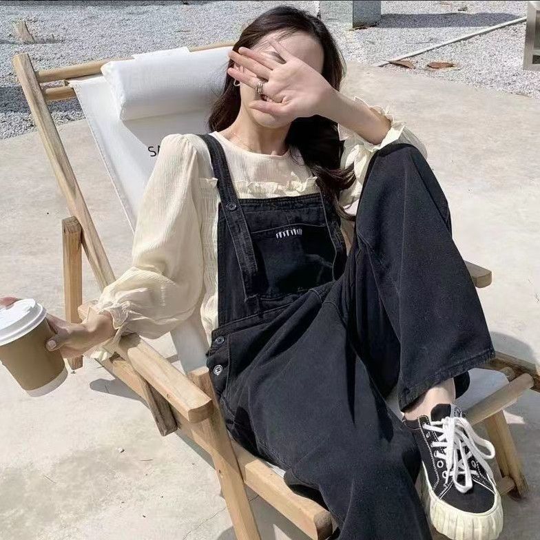 牛仔背帶褲女2023春秋季新款高腰顯瘦直筒寬鬆闊腿褲減齡連體褲秋