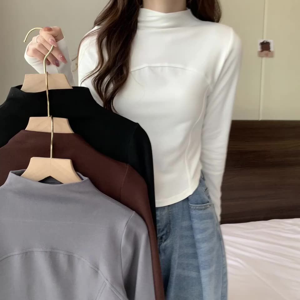 美拉德白色半高領長袖打底衫內搭t恤秋冬韓版不規則修身收腰上衣