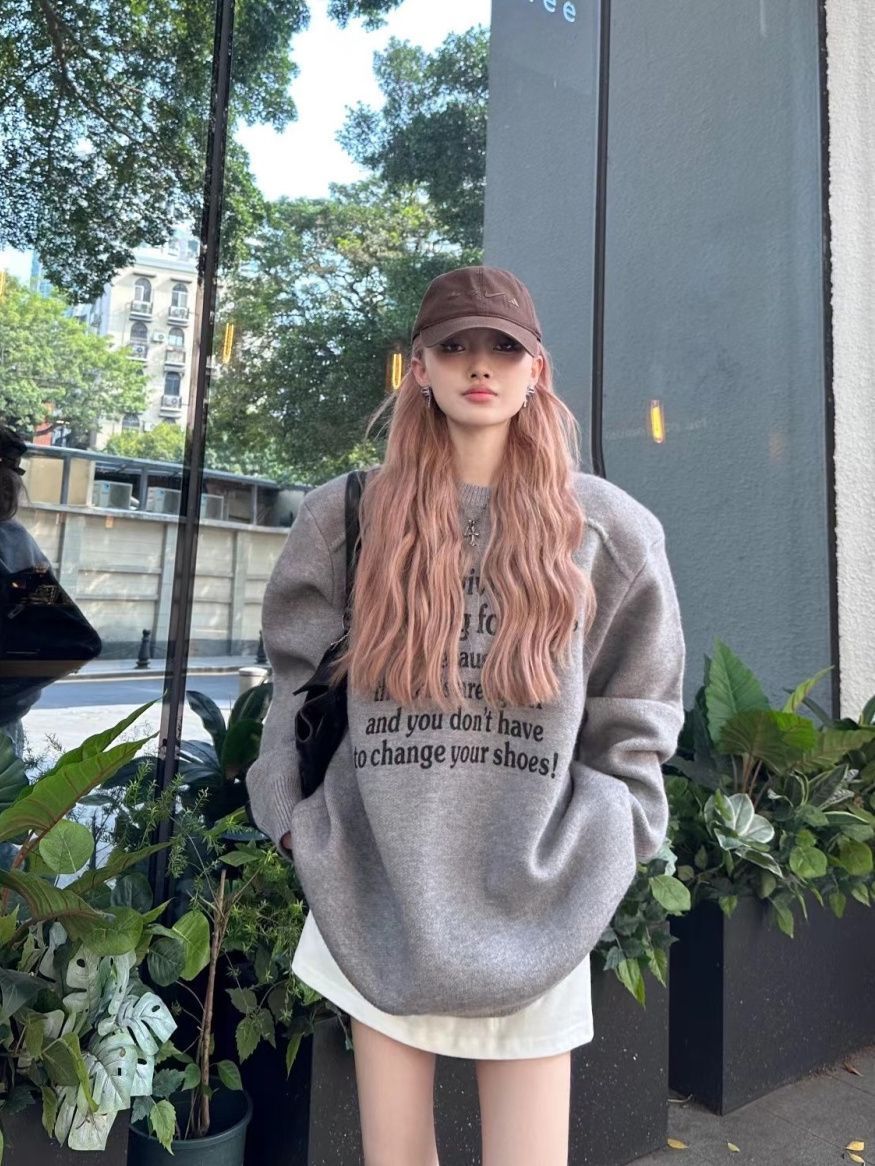 ins秋季爆款洋氣百搭復古長袖毛衣女韓系氣質感寬鬆顯瘦印花上衣