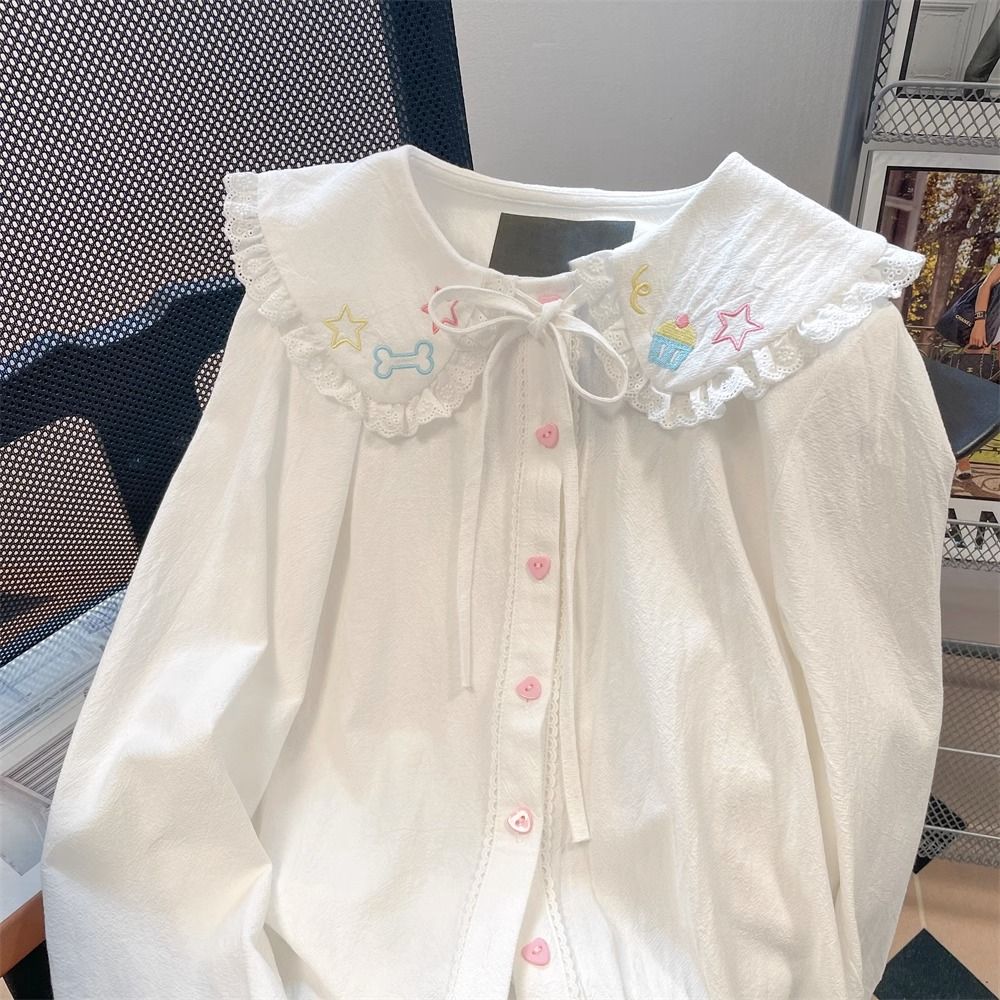 lolita可愛花邊娃娃領長袖襯衫女秋季法式設計感小個子內搭上衣潮