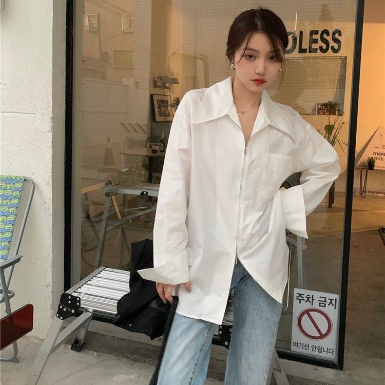 格瑞吉奧秋冬加絨別致上衣減齡女尖領雙拉鏈白襯衫小眾設計感襯衣