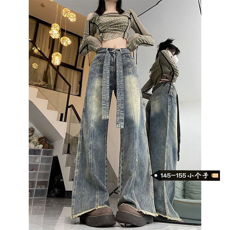 美式復古闊腿毛邊牛仔褲女小個子秋季設計感直筒顯瘦高腰拖地長褲