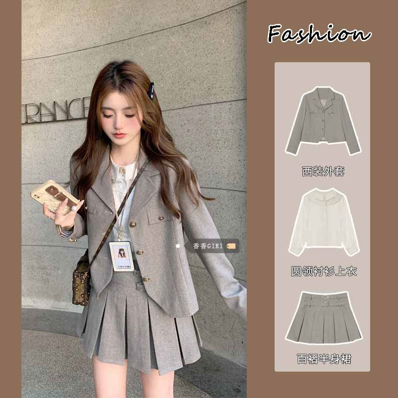 College style short blazer suit for women in autumn slimming round neck shirt top sweet and spicy high waist pleated skirt