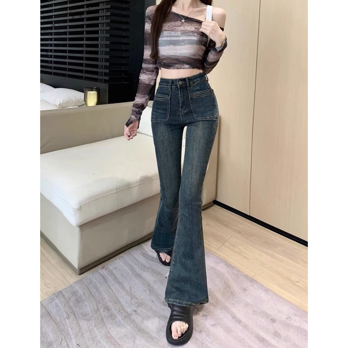 美式牛仔褲女春秋季新款時尚高腰修身顯瘦顯高復古微喇拖地長褲女