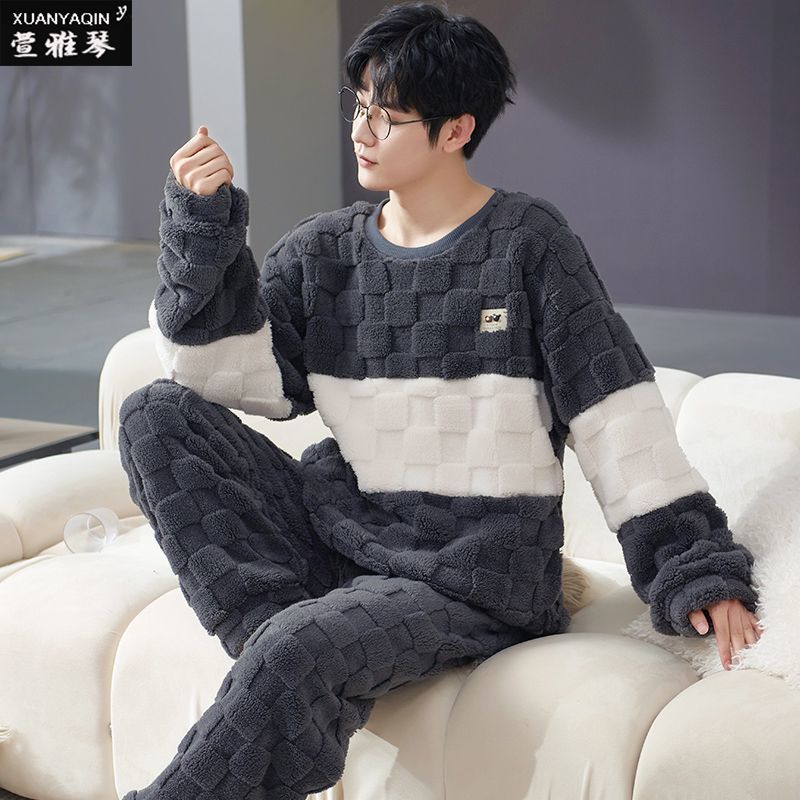 男士冬季睡衣双面法兰绒保暖加厚青少年韩版卡通可外穿大码家居服