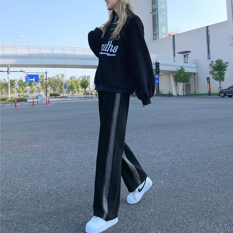黑色漸變直筒牛仔褲女秋裝新款高腰顯瘦設計感小個子百搭闊腿長褲