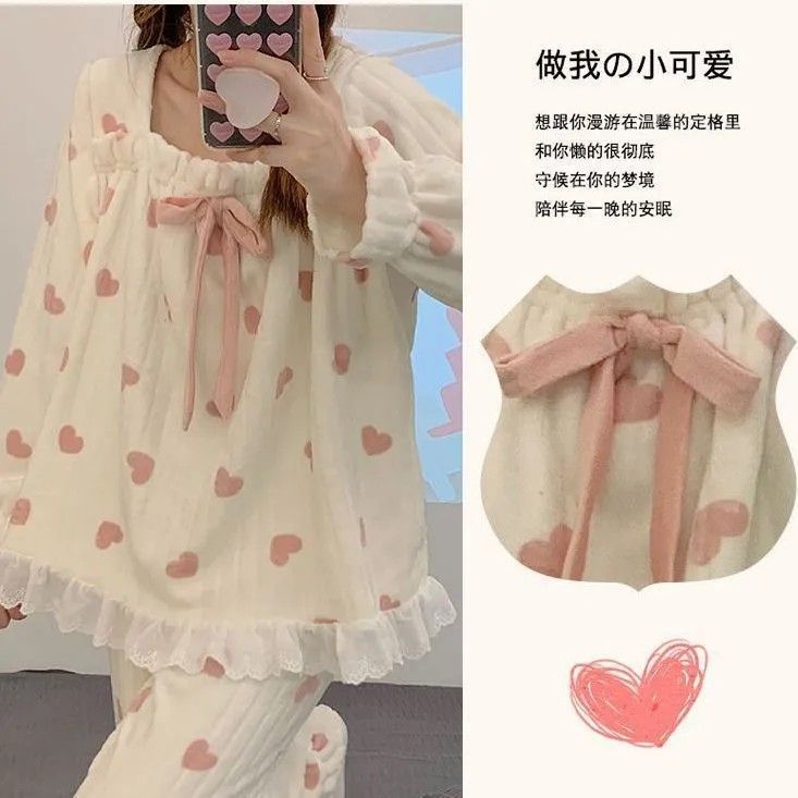珊瑚絨睡衣女2023年秋冬新款法蘭絨公主風加厚加絨冬季家居服套裝