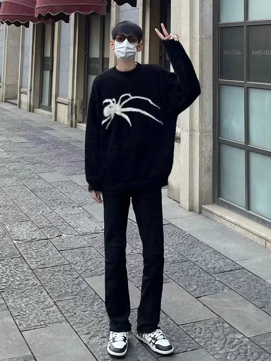 新品小眾馬海毛蜘蛛提花毛衣男女針織衫美式潮牌上衣秋冬季百搭