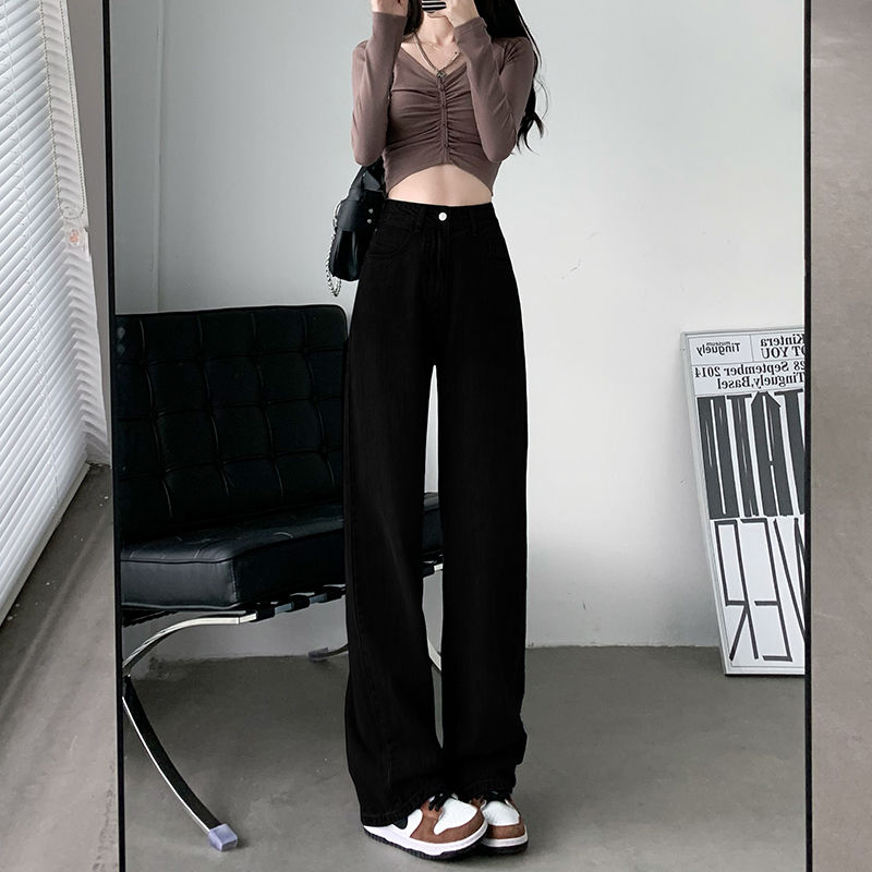 黑色闊腿牛仔褲女2023年新款秋季爆款高腰百搭直筒寬鬆顯瘦闊腿褲