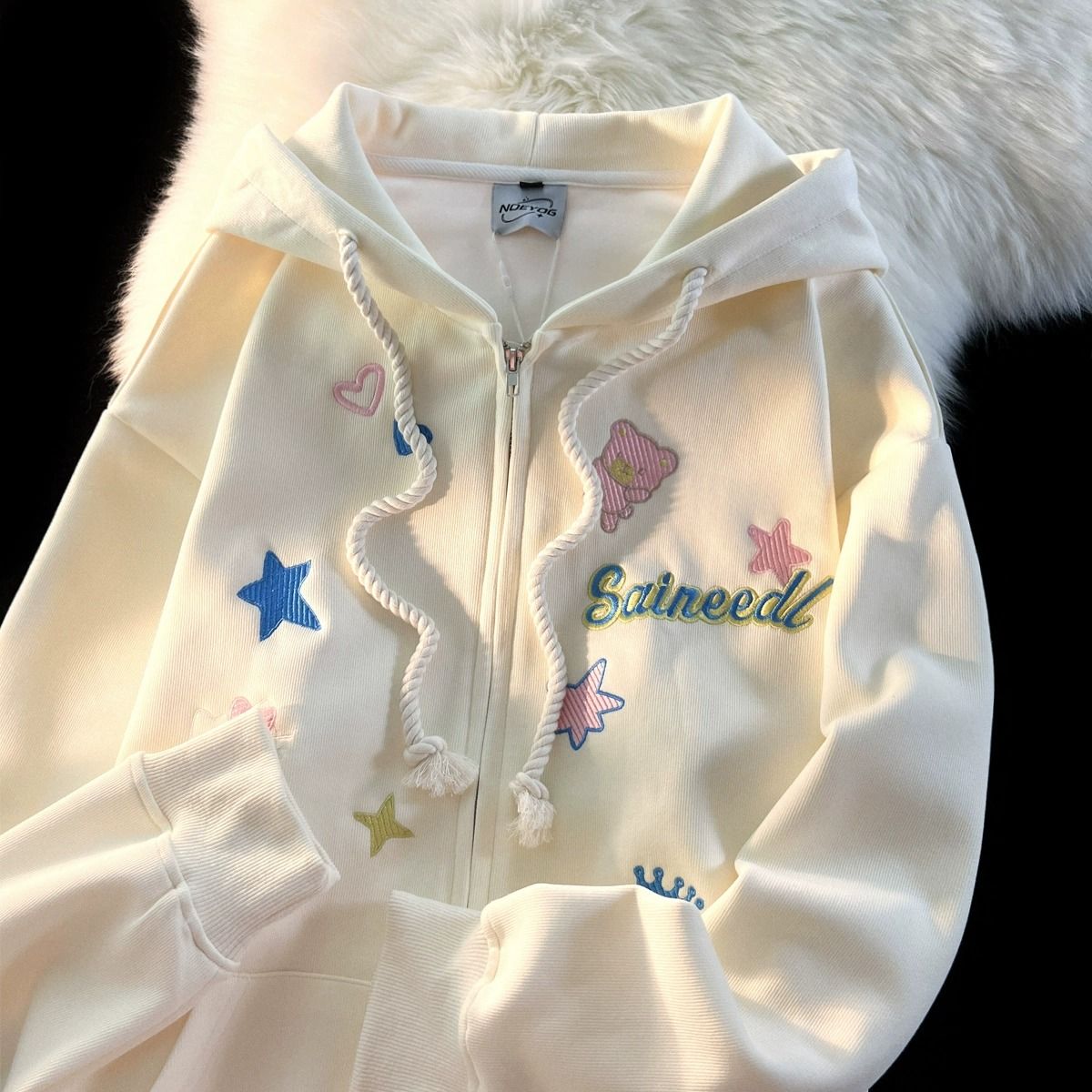 美式哈嘍Kitty貓咪刺繡連帽衛衣男女秋季學院風寬鬆情侶開衫外套