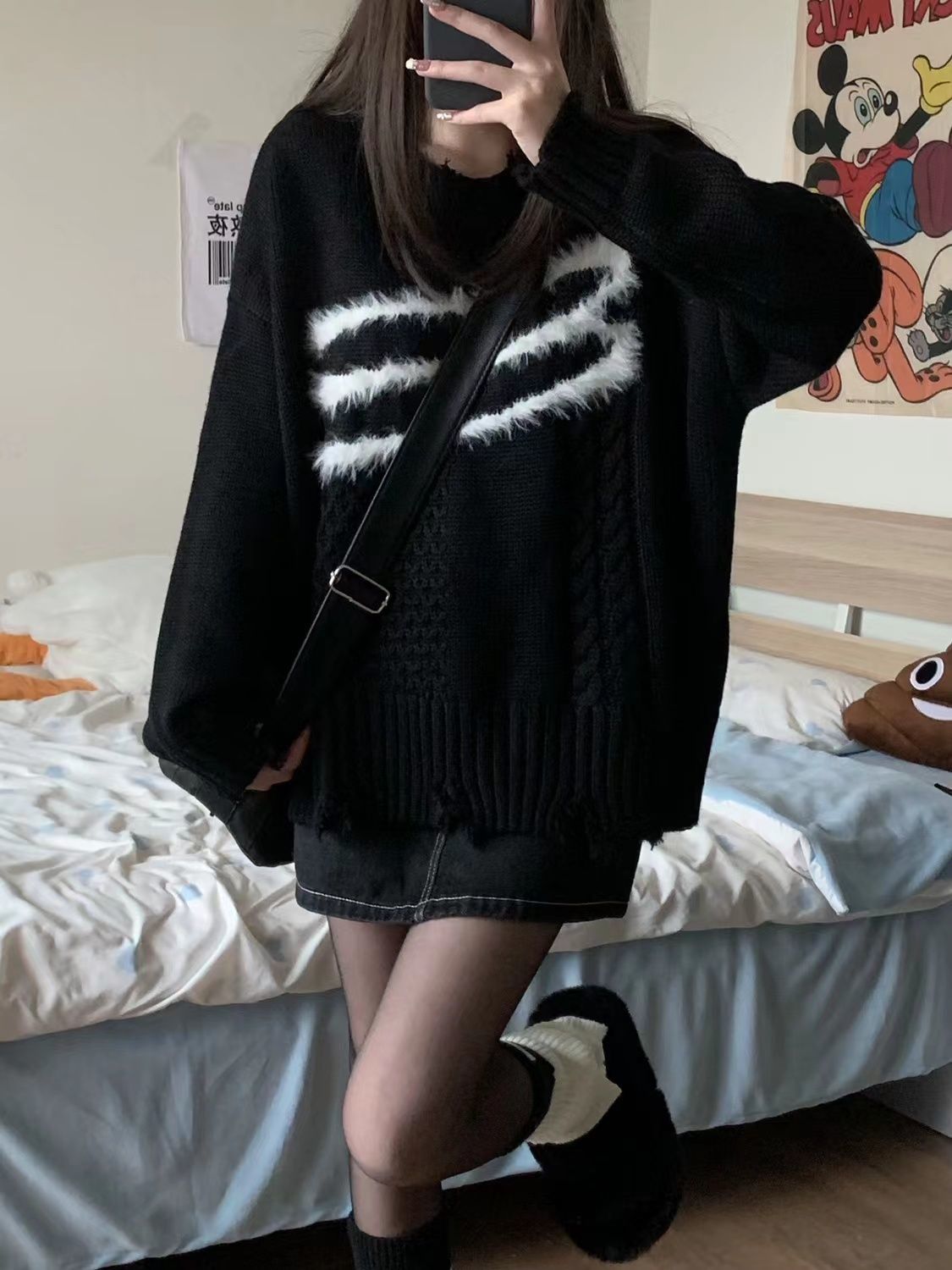 小眾慵懶風美拉德穿搭復古破壞感毛衣女秋冬季寬鬆套頭黑色針織衫
