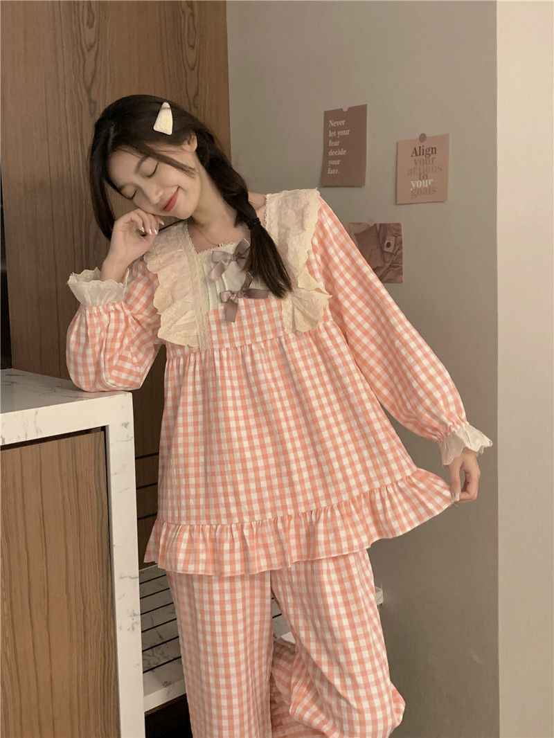 ins風甜美可愛睡衣女春秋季新款高顏值寬鬆長袖可外穿家居服套裝