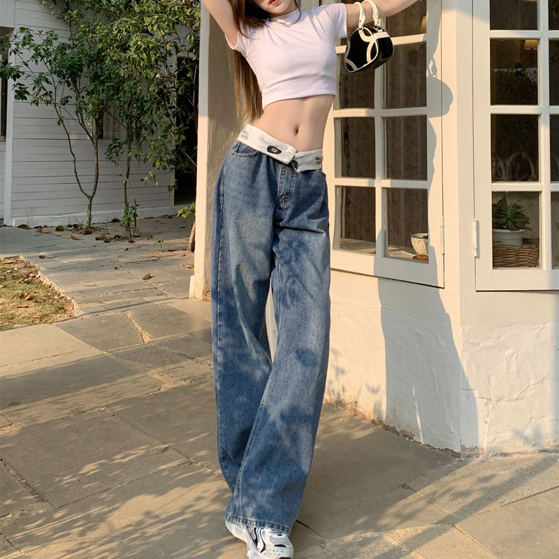 牛仔褲女2023年春秋新款時尚水洗寬鬆顯瘦顯高直筒百搭闊腿拖地褲