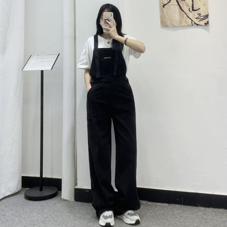 設計感高腰牛仔背帶褲女春秋季寬鬆小個子休閒顯瘦直筒闊腿長褲潮
