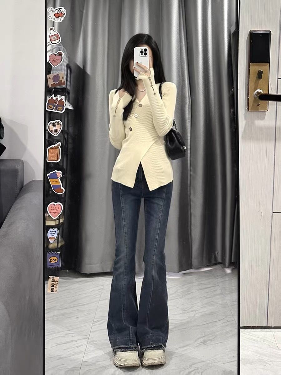 MINETTE不規則純欲又顯瘦V領毛衣交叉A4腰修身開叉套頭針織長上衣