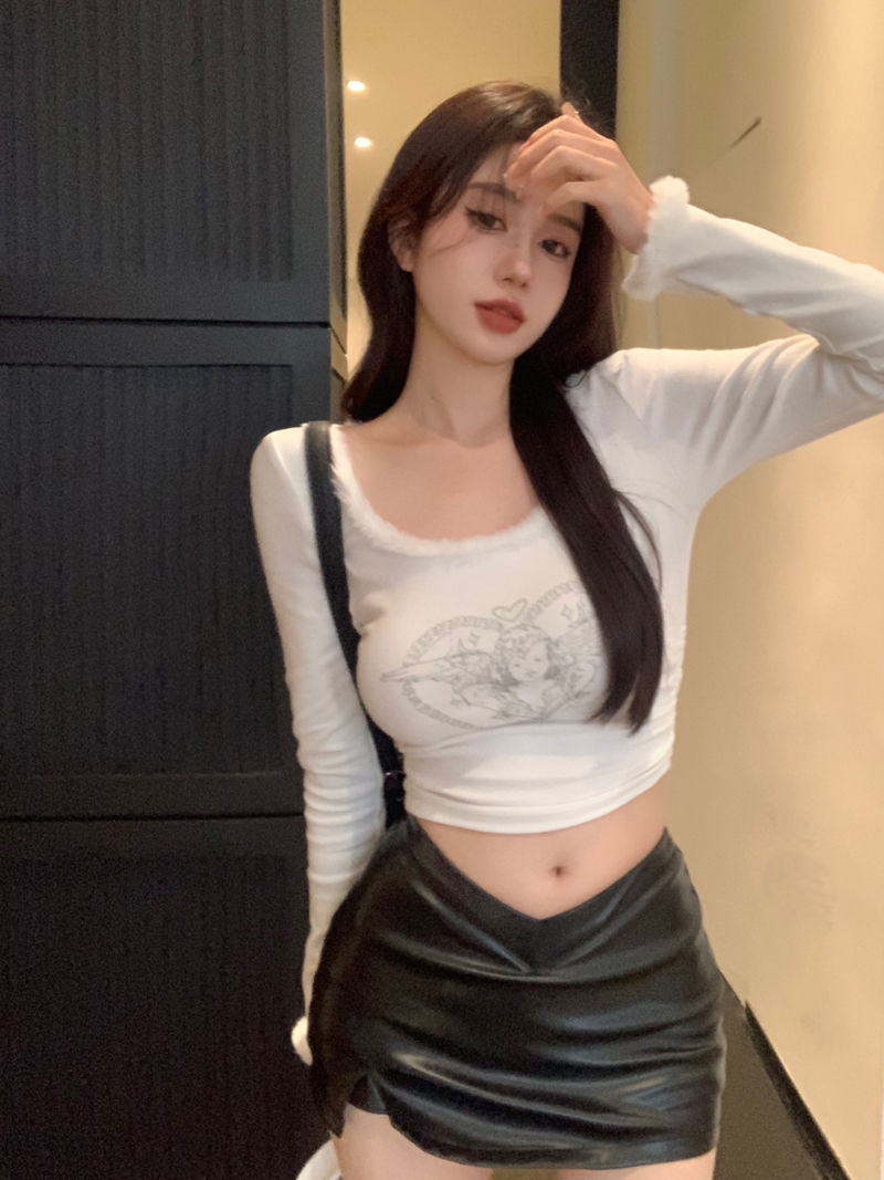 秋季新款白色印花長袖打底衫女設計感獨特别致短款打底衫露臍上衣