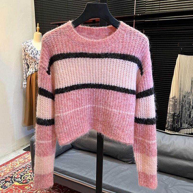 Small Thick Needle Contrast Color Striped Short Sweater Women's 2023 Autumn and Winter New Loose Outerwear Knitted Sweater Top