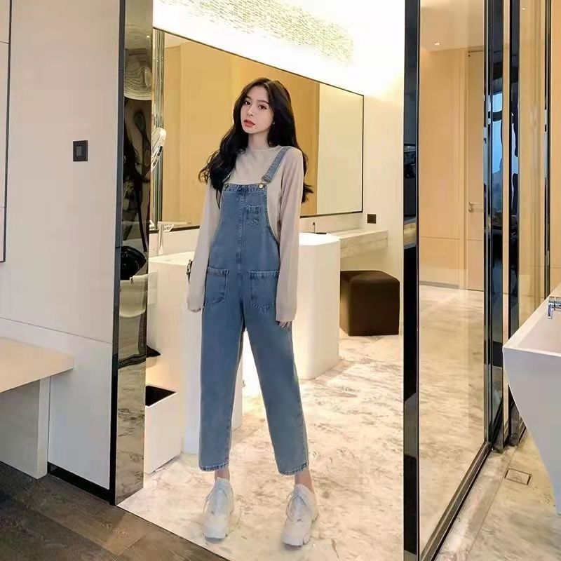 日系牛仔背帶褲女秋季小個子寬鬆顯瘦網紅ins時尚減齡百搭直筒褲