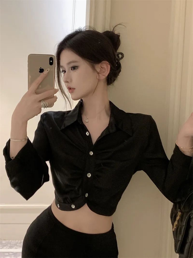 純欲辣妹polo領襯衫秋季新款女氣質性感緊身開衫露臍長袖短款上衣