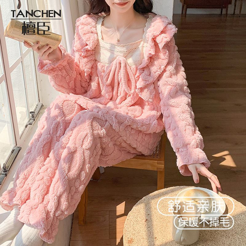 珊瑚絨睡衣女冬季加厚加絨法蘭絨保暖套裝2023新款女士冬天家居服