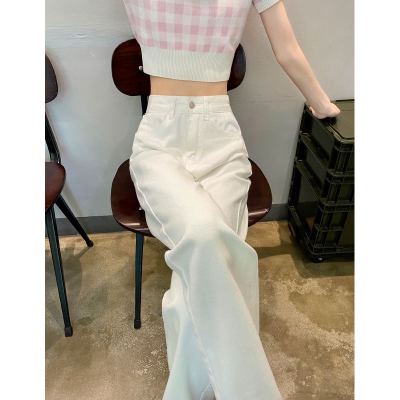 牛仔褲女2023白色秋季新款高腰顯瘦顯高簡約垂感直筒拖地褲子闊腿