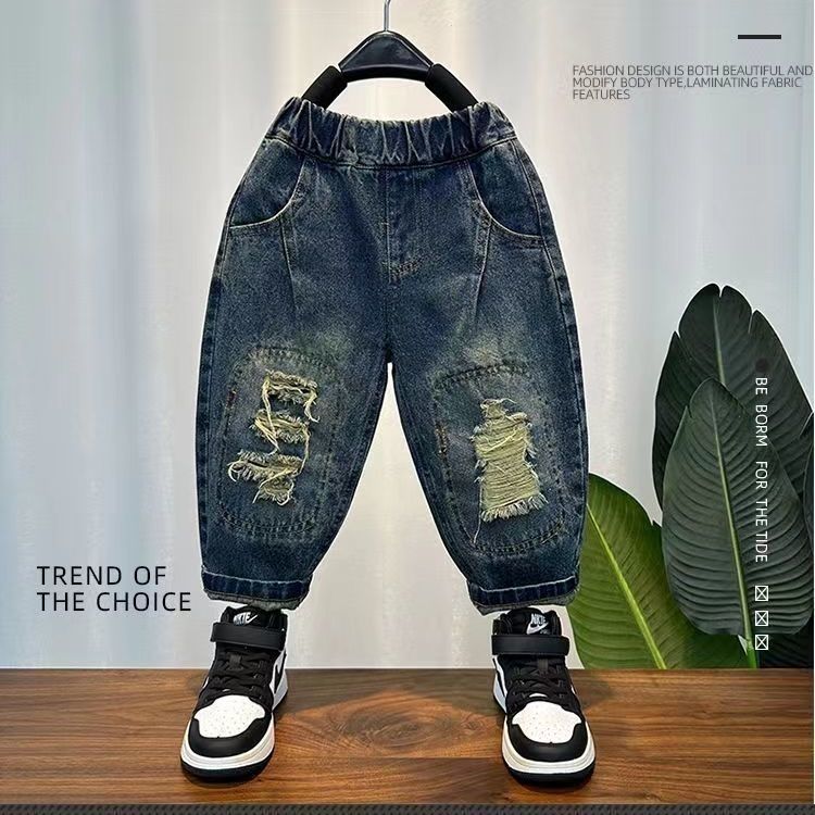 Boys' ripped jeans spring and autumn  new children's pants baby autumn boys' fashionable street trousers