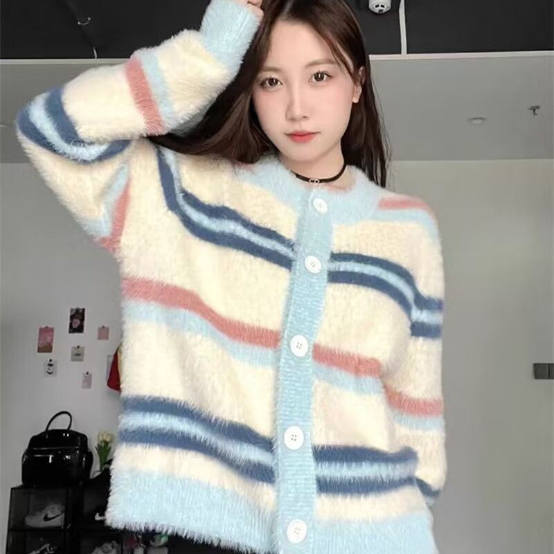美式復古條紋水貂絨針織開衫女秋冬新款甜美慵懶風寬鬆厚毛衣外套
