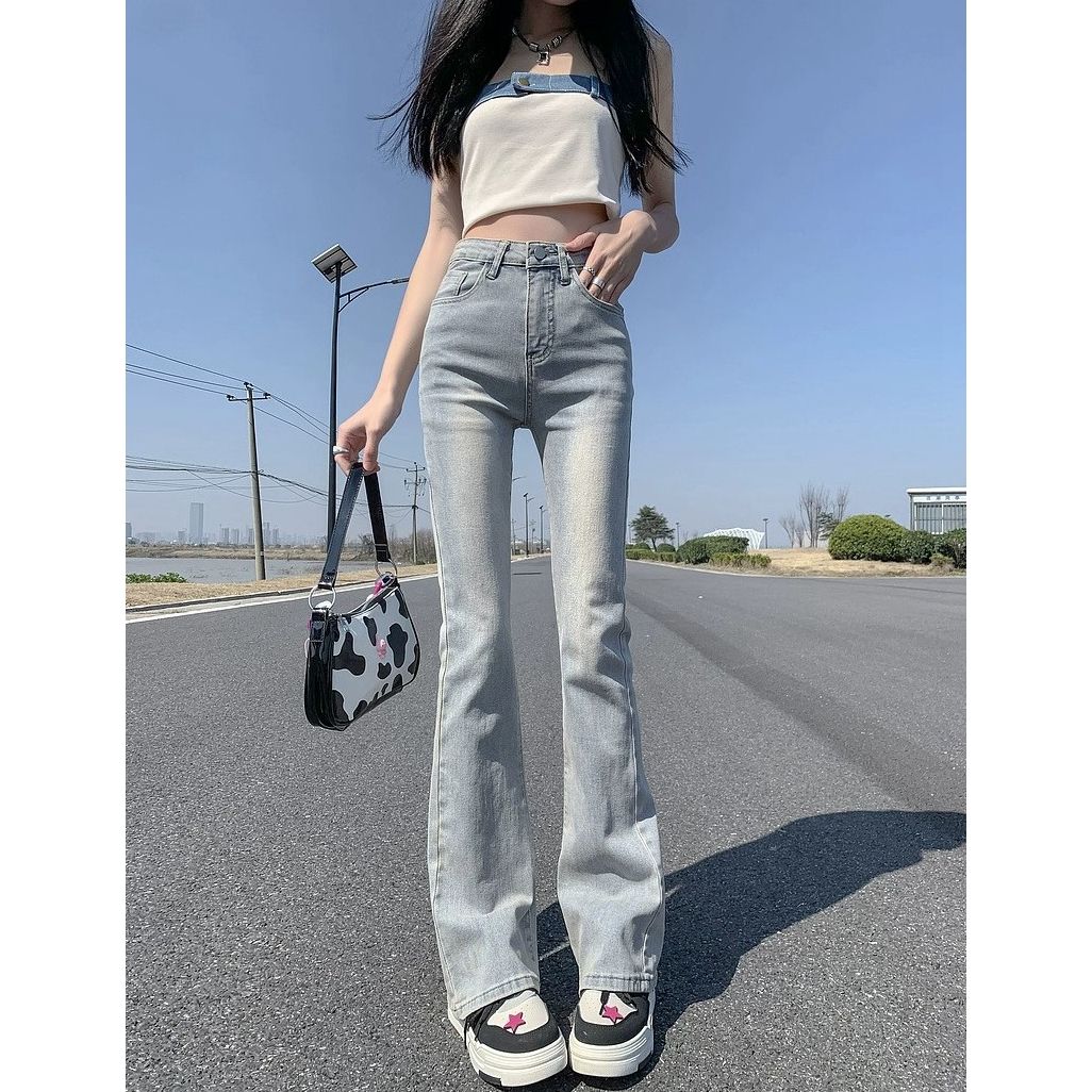 微喇叭牛仔褲女春秋季新款高腰辣妹修身顯瘦顯高簡約百搭拖地長褲