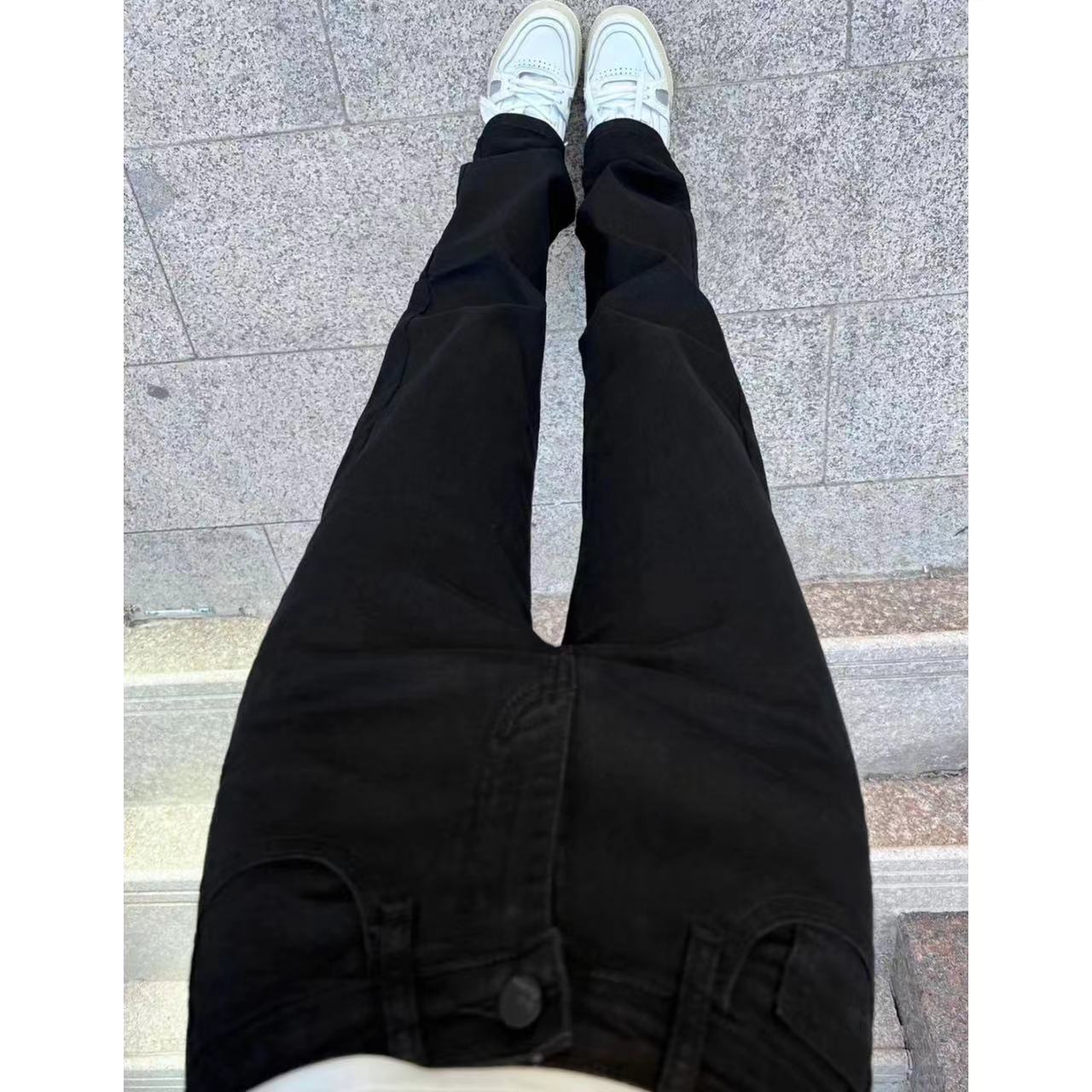黑色彈力窄版直筒牛仔褲女春秋新款高腰顯瘦垂感百搭拖地煙管長褲