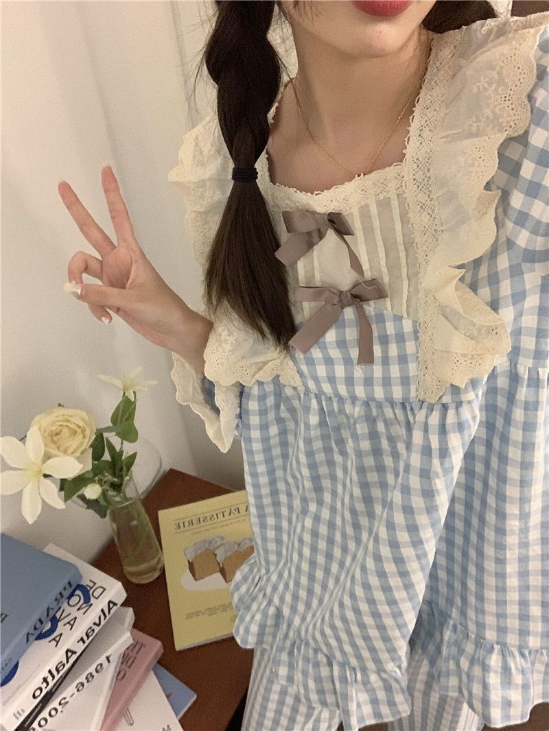 甜美花邊格子睡衣女春秋新款ins風長袖長褲高顏值學生家居服套裝