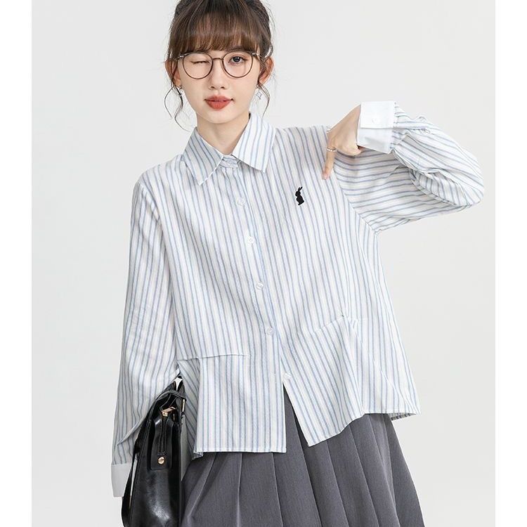 格瑞吉奧刺繡圖案條紋襯衫女春秋2023新款設計感小眾寬鬆長袖襯衣