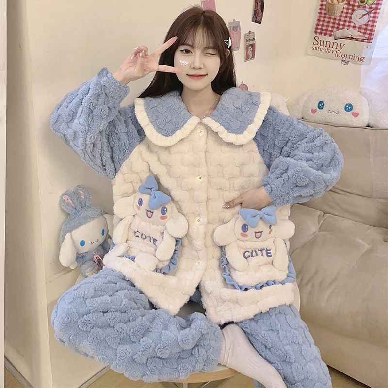 珊瑚絨睡衣女秋冬季2023新款法蘭絨加厚保暖大碼玉桂狗家居服套裝