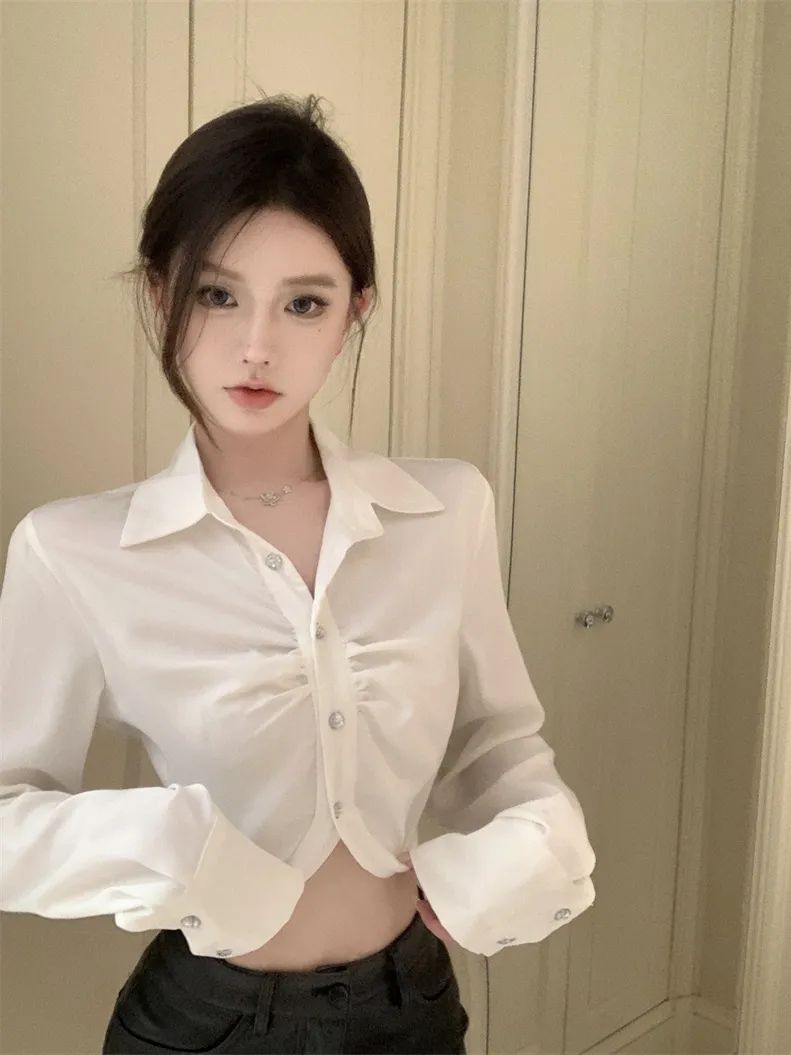 純欲辣妹polo領襯衫秋季新款女氣質性感緊身開衫露臍長袖短款上衣