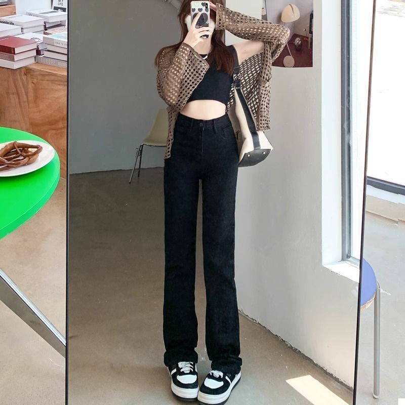 黑色加長版直筒牛仔褲女春秋高腰顯瘦彈力百搭拖地煙管褲子潮ins