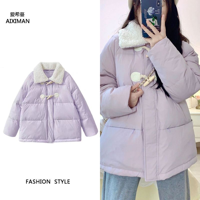 Korean style college style horn button fur collar design cotton coat women's winter new ins casual versatile cotton coat trend