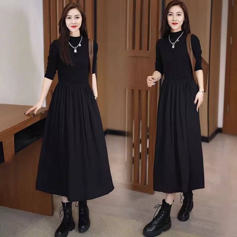 赫本風半高領長袖連衣裙女2023早秋新款洋氣收腰顯瘦內搭打底長裙