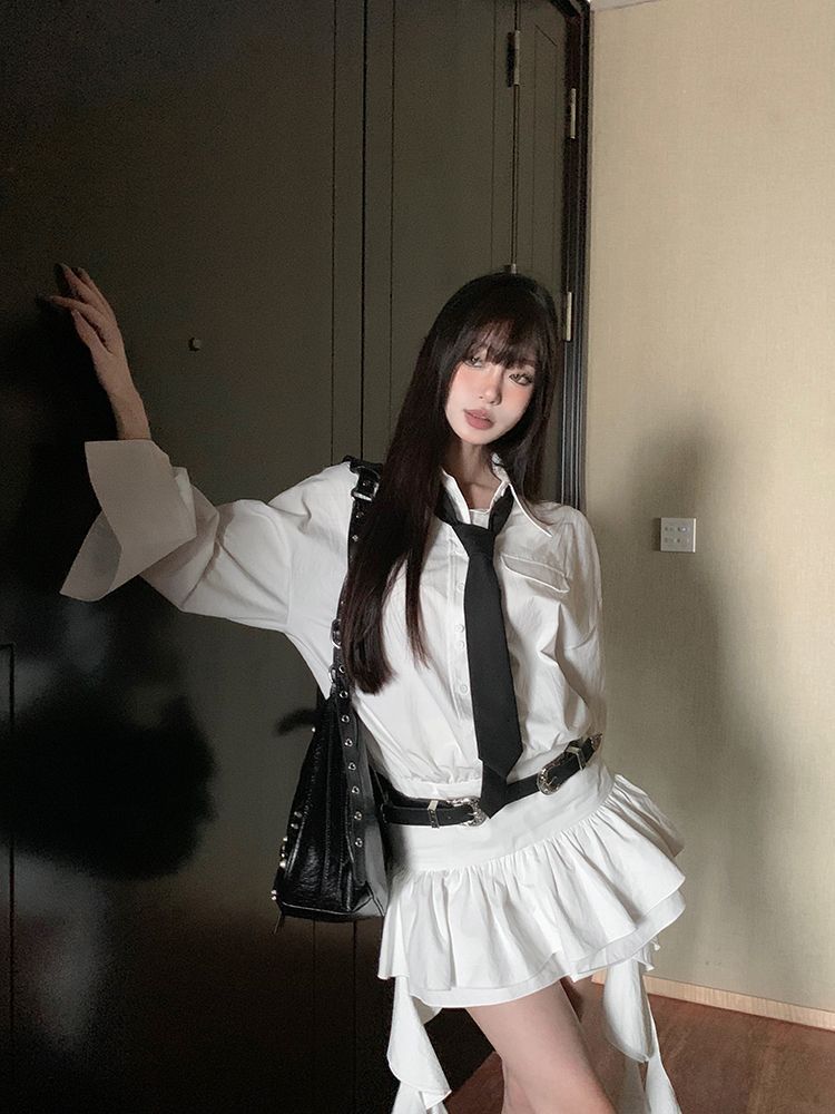 Shirt dress women's  autumn new style Cool Sa leader design high-end waist button ruffle skirt