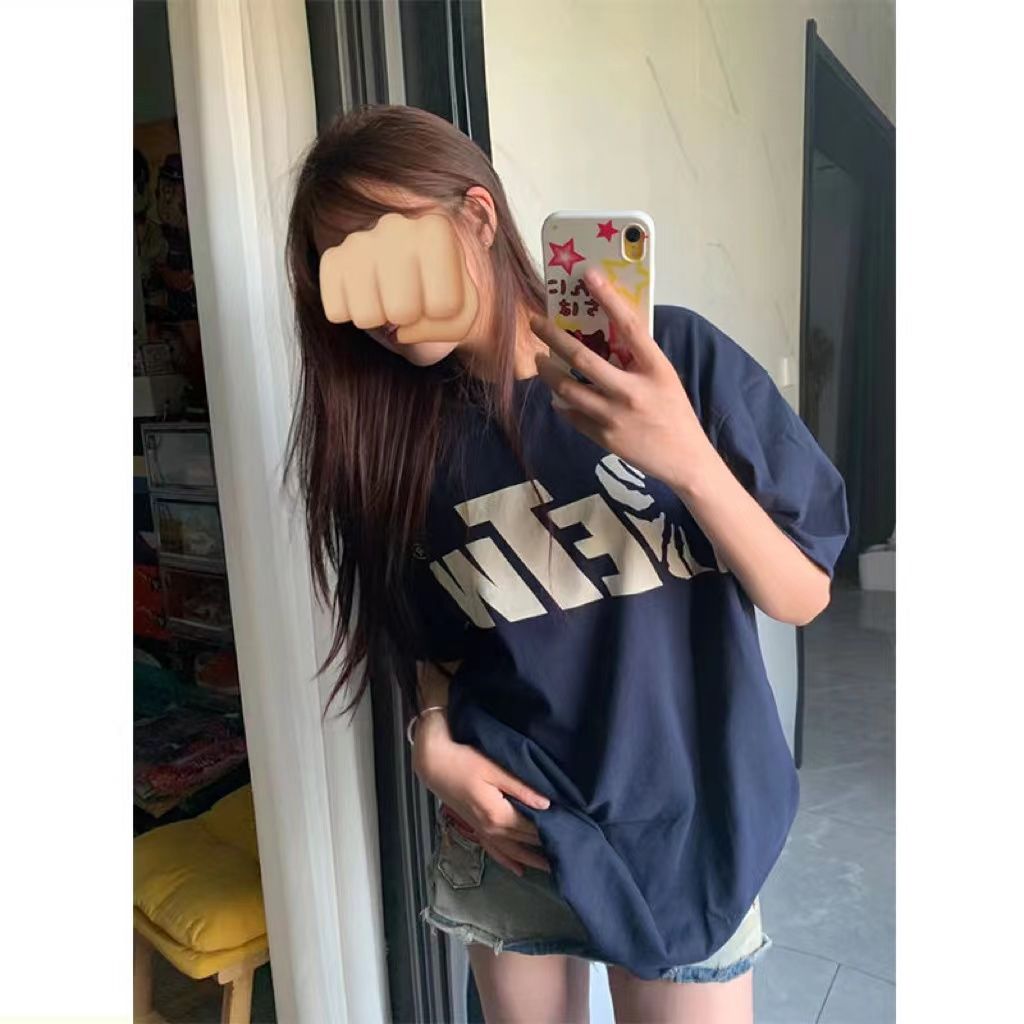美式潮流港風小眾穿搭字母印花藏青色短袖t恤女寬鬆oversize上衣