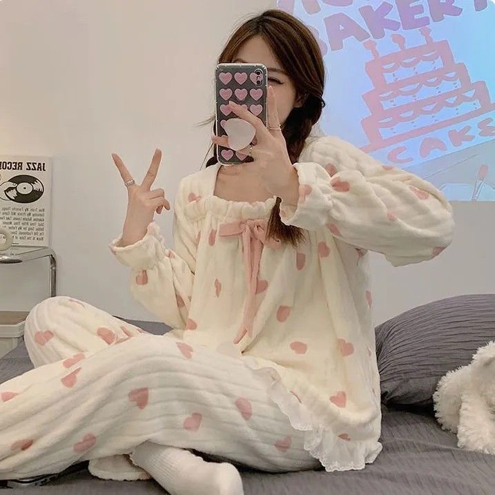 睡衣女士冬季珊瑚絨長袖加厚法蘭絨甜美可愛秋冬款加絨家居服套裝